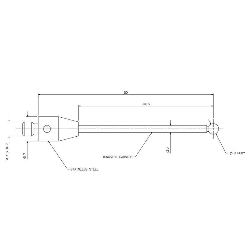 Контактный щуп A-5003-3680, M4 резьба, Ø3mm рубиновый шар, L50mm